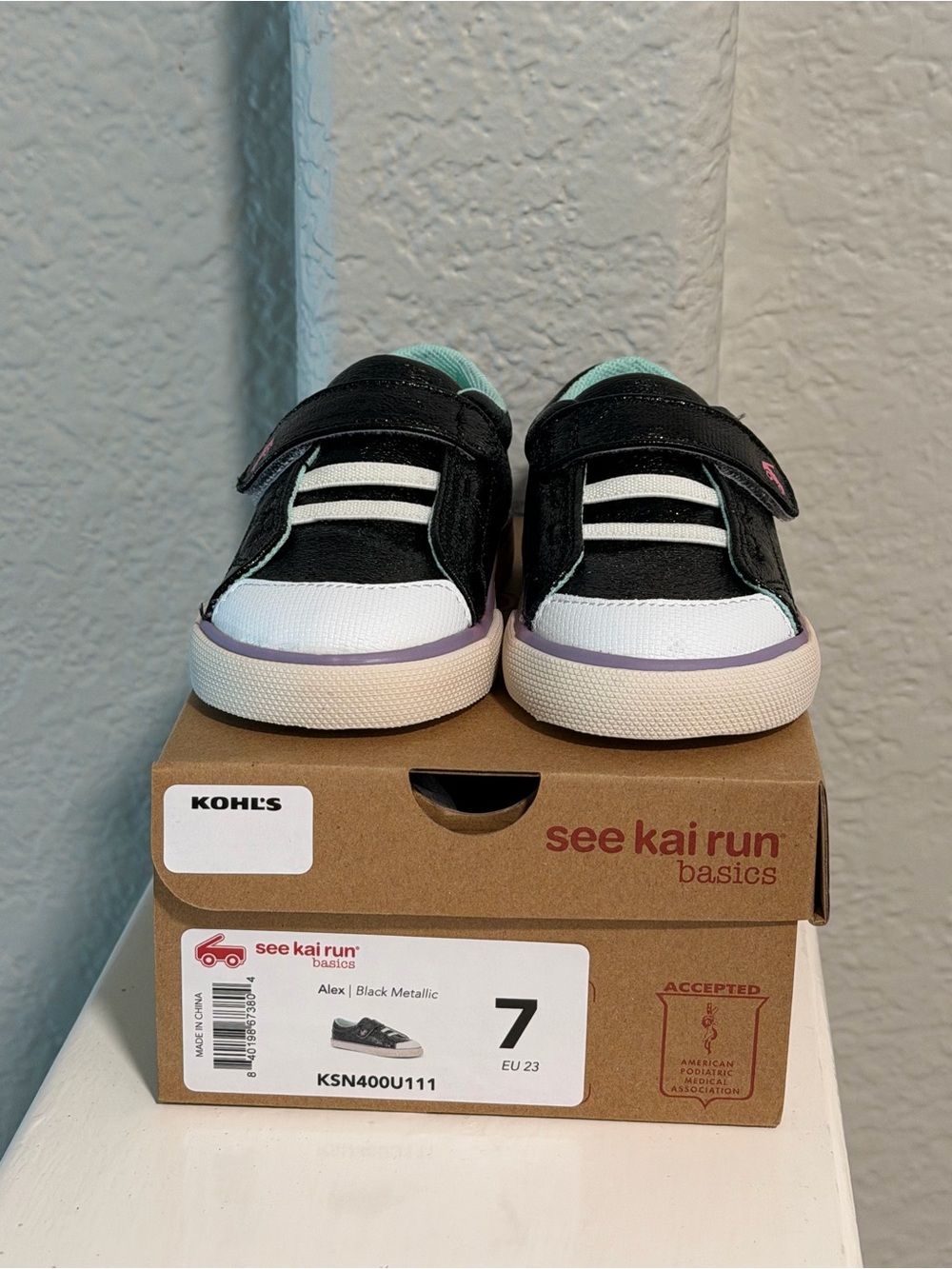 See Kai Run Kids Alex Sneaker - Black Metallic with Mint and Pink Accents
